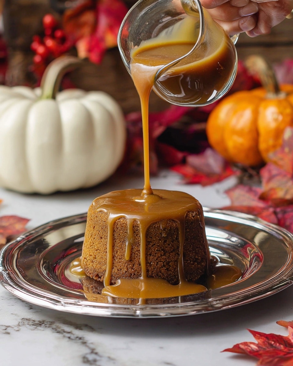 A small, round cake with a rough, golden brown texture sits in the center of a shiny silver plate, with thick, light brown sauce being poured over it from a clear glass jug held by a person's hand, the sauce slowly dripping down the sides and pooling on the plate. The background shows blurred autumn decor with small white and orange pumpkins and deep red leaves on a white marbled surface. Photo taken with an iphone --ar 4:5 --v 7