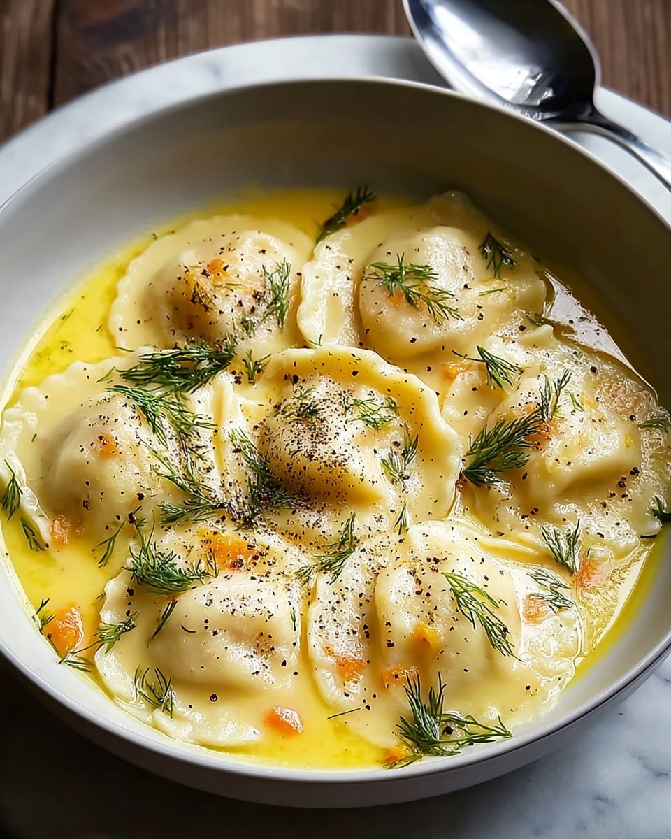 A white bowl filled with six large, soft ravioli pieces sitting in a light yellow creamy sauce; the ravioli are smooth and pale with slightly raised edges, sprinkled with small black pepper bits and garnished with fresh green dill leaves scattered on top and around. Beneath the ravioli, small orange pieces, likely carrots, peek through the sauce. The bowl rests on a neutral cloth placed on a wooden surface, captured from above. Photo taken with an iphone --ar 4:5 --v 7