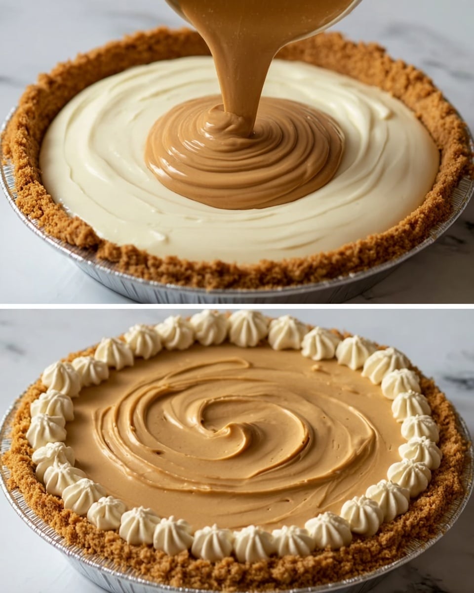The image shows a two-layer cream pie with a thick, golden crust. The first layer is a smooth, creamy white filling, topped by a thick caramel-colored layer being poured in a swirl by a woman's hand holding a creamy caramel-colored bottle. The second part of the image shows the finished pie, with the top caramel layer smooth and swirled, and a ring of piped caramel-colored cream decoration around the edge of the pie crust. The pie sits on a white marbled surface with a white bowl of small caramel pieces in the background. Photo taken with an iphone --ar 4:5 --v 7