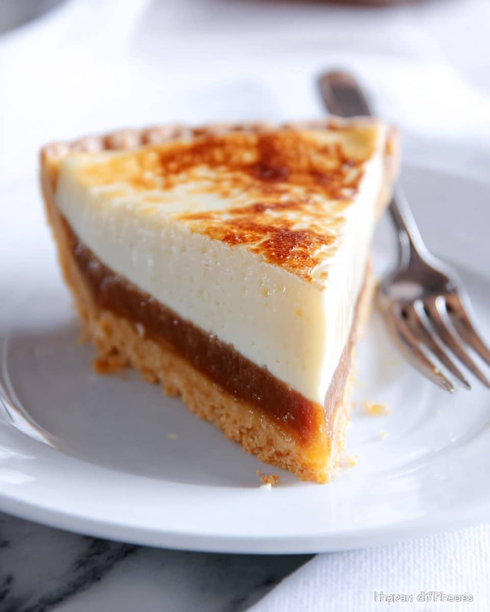 A slice of pie with three visible layers sits on a white plate placed on a white marbled surface. The bottom layer is a light brown crust, firm and crumbly. Above this is a smooth, shiny caramel layer in a rich medium brown color. The top layer is thick, creamy, and pale yellow, with a slightly browned, caramelized surface that looks slightly toasted and bubbly. The pie slice has a textured edge showing the crust, and a silver fork is placed to the left side of the plate. photo taken with an iphone --ar 4:5 --v 7