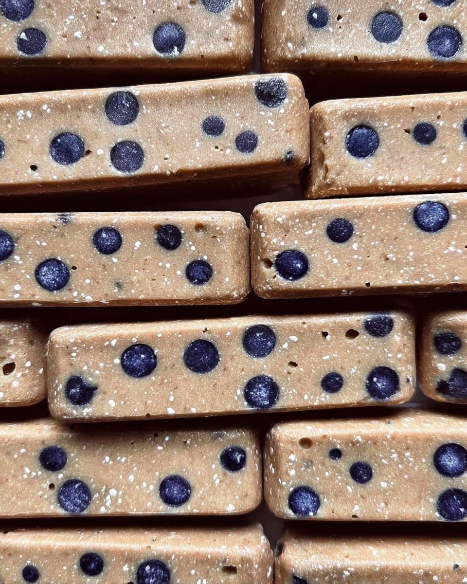 The image shows many rectangular bars stacked closely together, each bar having a smooth, light brown surface with a soft texture. Scattered inside the bars are small, round dark blue or black spots that are evenly placed and slightly sunken into the bars. There are also tiny white specks speckled throughout the surface, adding texture contrast. The bars are thick, with clear straight edges and flat tops. Photo taken with an iphone --ar 4:5 --v 7