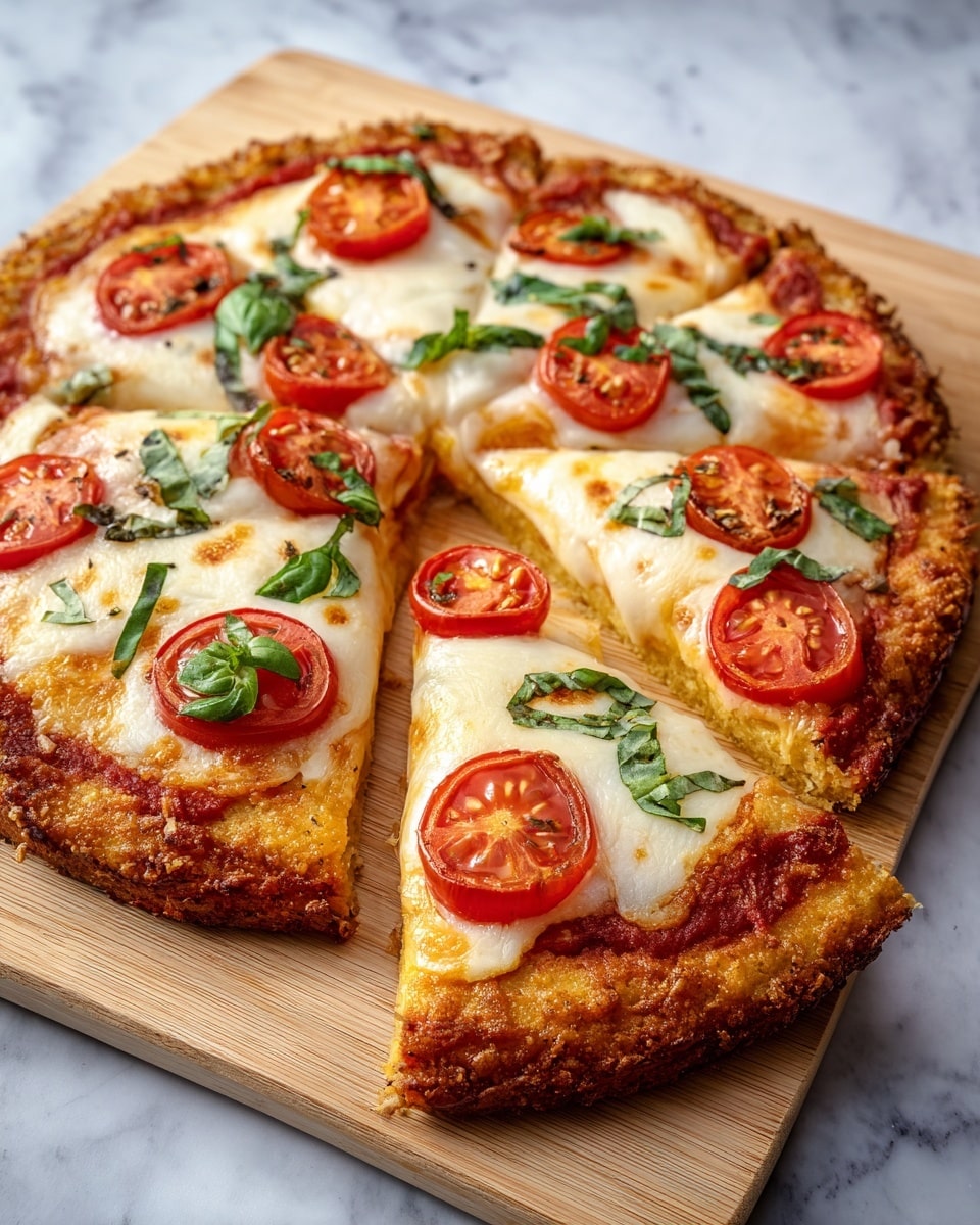 A pizza with six slices is shown on a wooden board over a white marbled texture. The base layer is a golden-brown crispy crust. Above it, there is a thin layer of red tomato sauce. On top of the sauce, melted creamy white cheese covers most of the surface with some browned spots. Each slice has a round slice of fresh red tomato placed near the center, and chopped green basil leaves are scattered over the cheese and tomatoes. The edges of the crust are uneven and crunchy. photo taken with an iphone --ar 4:5 --v 7