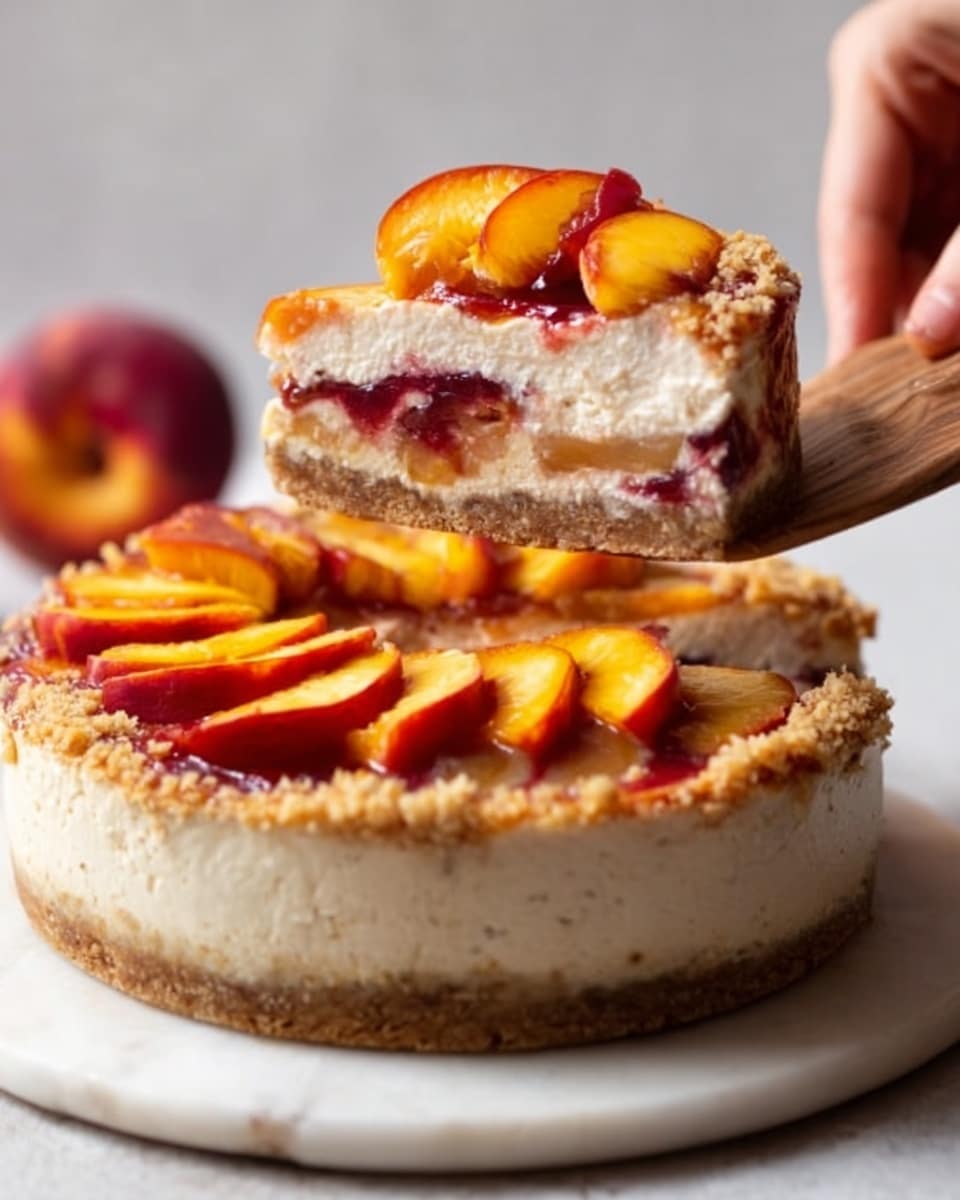 The image shows a slice of thick cheesecake being lifted by a white cake server, held by a woman's hand. The cheesecake has three clear layers: a thick golden-brown crust at the bottom, a creamy beige middle layer, and a thin top layer with a reddish fruit sauce. The slice's top is decorated with fresh peach slices and sprinkled crumbs, showing a mix of soft and crunchy textures. The remaining cheesecake sits on a white plate with a few peaches around it, all placed on a white marbled surface. photo taken with an iphone --ar 4:5 --v 7