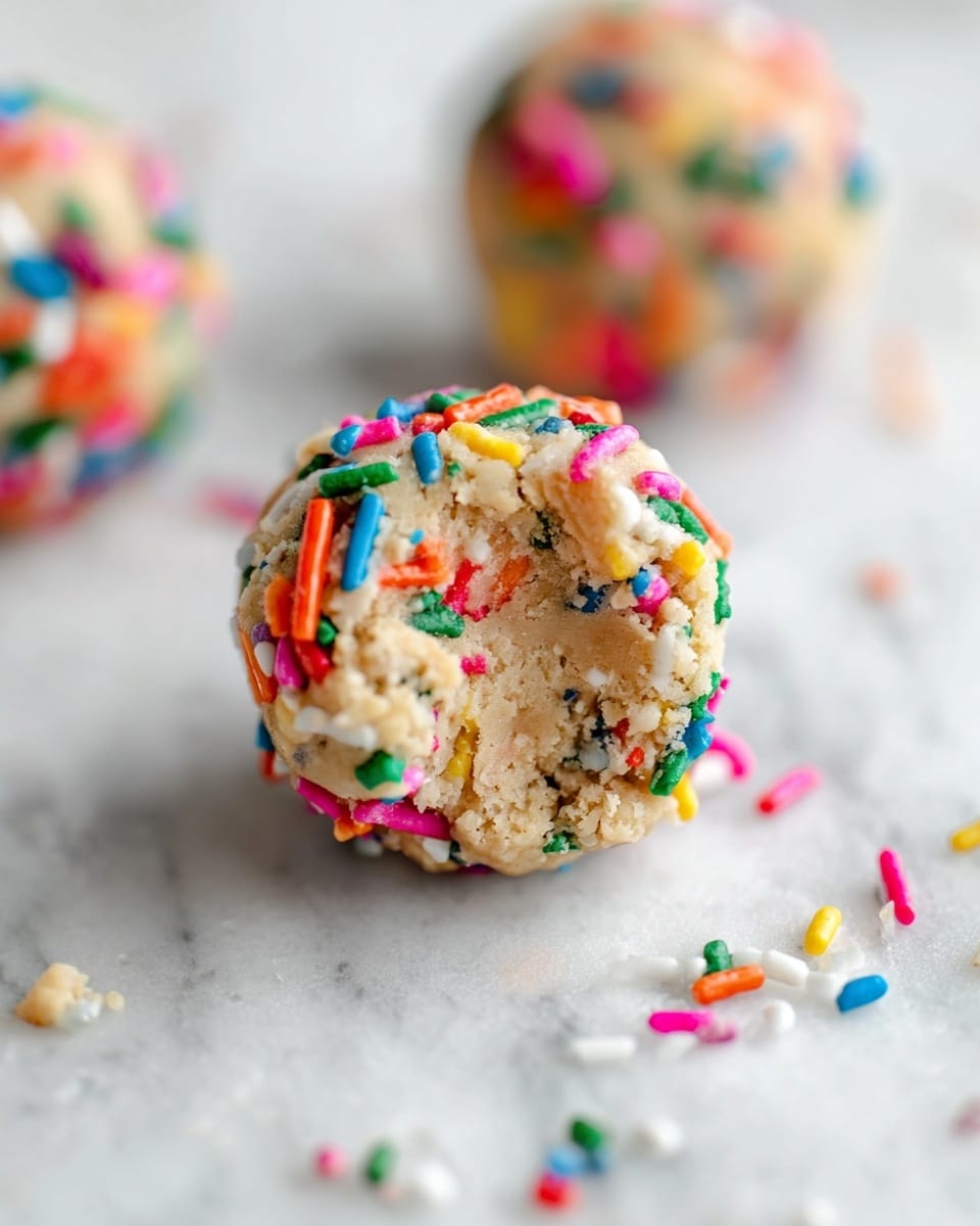 The image shows a round, bite-sized treat covered in colorful sprinkles with a soft, creamy beige inside that has a slightly crumbly texture. The sprinkles include small round balls and bigger rod shapes in bright colors like red, green, white, yellow, pink, purple, orange, and blue, forming a thick layer mostly around the outside of the treat. The treat is placed on a crinkled white surface with a white marbled texture visible in the background. Another similar treat is blurred in the background, showing the same colorful sprinkles. photo taken with an iphone --ar 4:5 --v 7