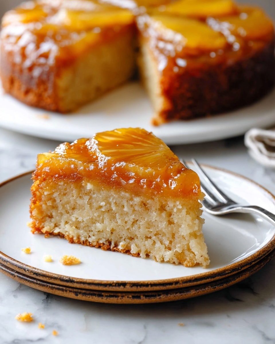 A slice of cake with two layers is shown on a white plate with a silver fork beside it. The bottom layer is light brown, soft, and crumbly, while the top layer is a shiny caramel glaze with orange slices arranged in lines, covering the whole cake slice. In the background, there is a white plate holding the rest of the cake, showing the same two layers, with one piece missing. The whole scene is set on a white marbled surface. Photo taken with an iphone --ar 4:5 --v 7