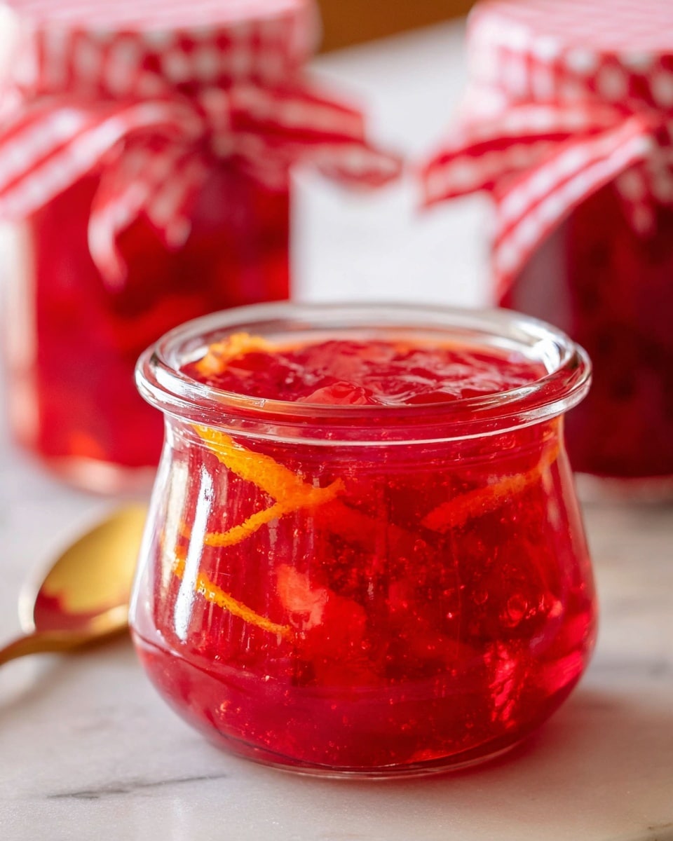 A round, clear glass jar filled with a bright red, glossy jam that shows visible pieces of fruit and thin orange peel strips inside. The jam has a thick texture with some bubbles near the surface. In the background, another similar glass jar is slightly blurred, tied with a red and white checkered ribbon. The jars sit on a white marbled surface with a golden spoon placed nearby. Photo taken with an iphone --ar 4:5 --v 7