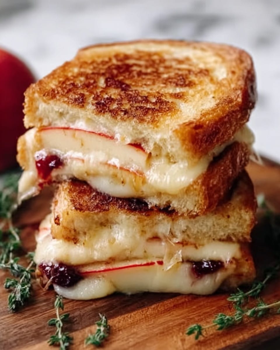 The image shows a grilled cheese sandwich cut in half and stacked, with two thick slices of toasted bread that are golden brown and crispy on the outside. Inside the sandwich, there are layers of melted cheese that look stretchy and creamy, along with thin slices of red apple, and a visible layer of dark red jam or jelly, which adds a glossy texture. The sandwich is placed on a wooden board with a few small green herb sprigs around it. The background is a white marbled surface. Photo taken with an iphone --ar 4:5 --v 7