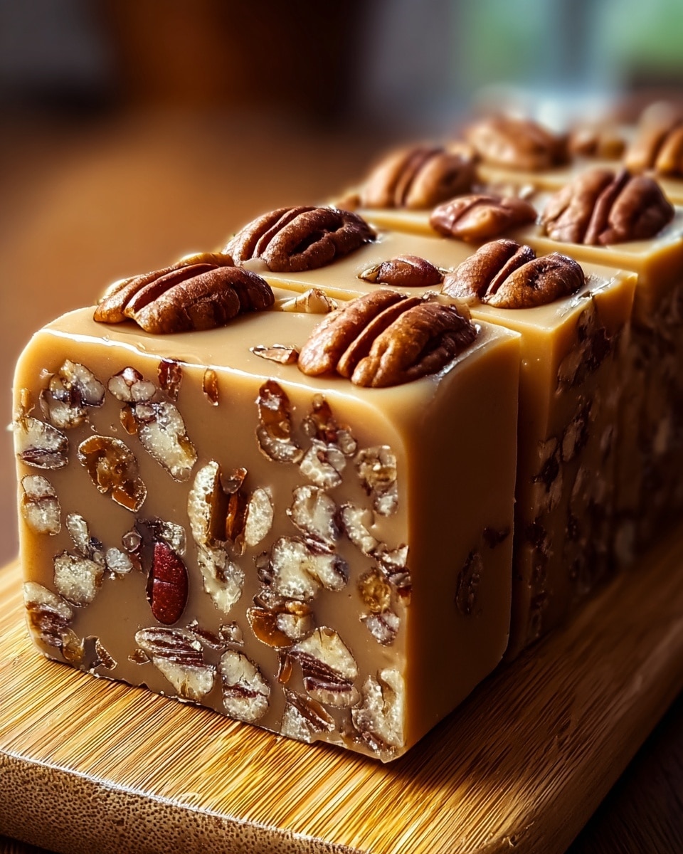 The image shows a smooth rectangular block of light brown caramel fudge embedded with many pecan nut pieces throughout, giving texture and contrast in dark and light brown shades. The fudge block is topped with whole shiny pecan halves evenly spread across the top in neat rows. The sides of the caramel are glossy and clean cut, clearly showing the mix of pecans inside. The fudge sits on a light wood board with a slight shine. The background has a soft blur effect with warm tones, and the focus is on the rich nutty caramel treat. Photo taken with an iphone --ar 4:5 --v 7