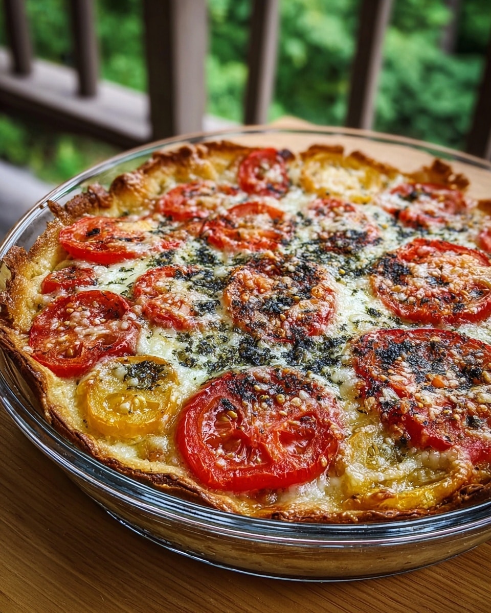 A round baked dish with a thick, golden-brown crust on the bottom, topped with a layer of melted, bubbly white cheese mixed with bits of dark green herbs. On top of the cheese are many slices of red and yellow tomatoes that look juicy and roasted, slightly browned at edges. The dish is served in a clear round glass pie dish with handles, sitting on a wooden board. The background shows a blurred green outdoor view. photo taken with an iphone --ar 4:5 --v 7
