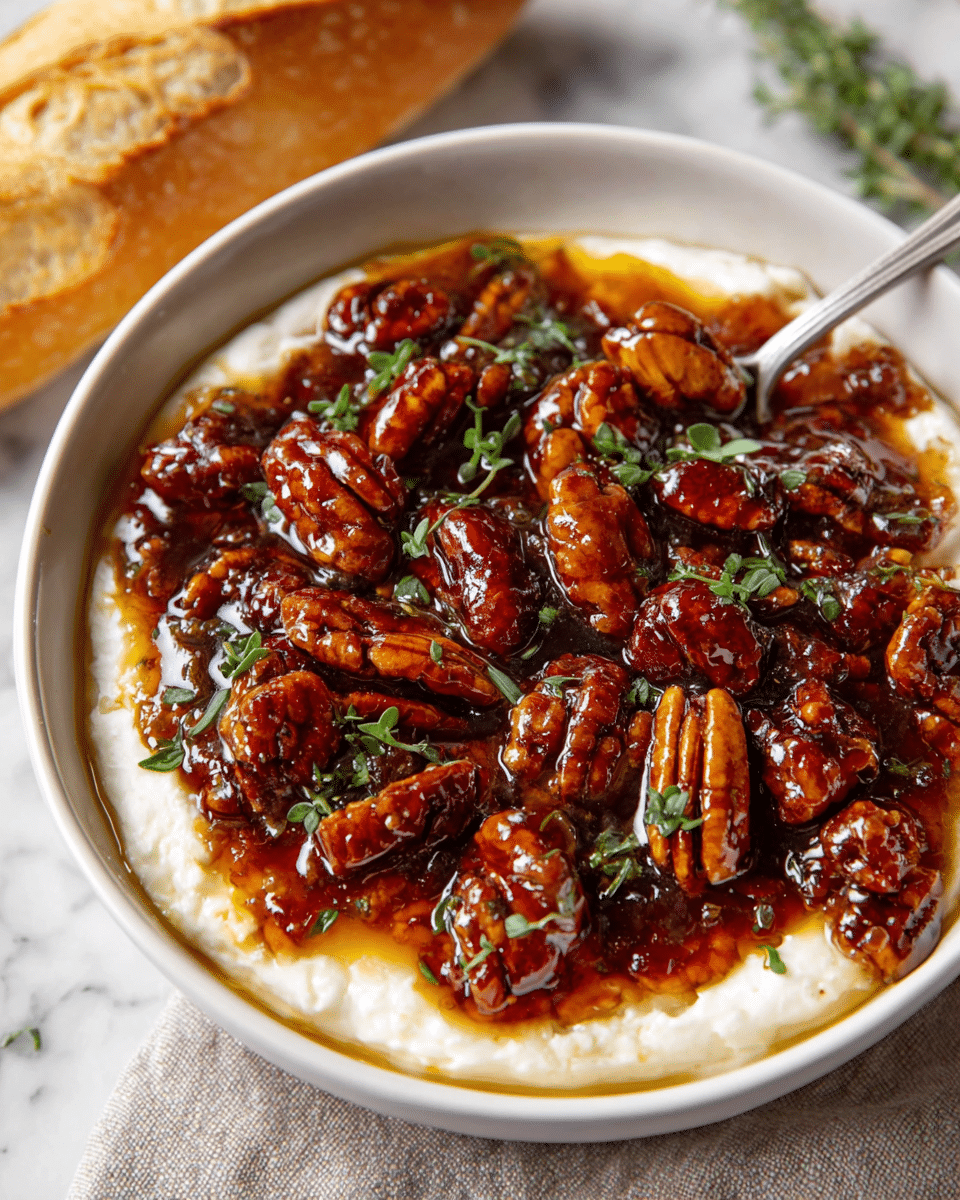 A white round bowl filled with three layers: the bottom layer is soft and creamy white cheese, topped with a thick amber-colored jam with a glossy texture, and a final layer of shiny roasted pecans coated in the jam. Small green herb leaves are sprinkled on top for decoration. A silver spoon is partially placed inside the bowl. To the top left, a slice of light brown crusty bread rests on a white marbled surface. photo taken with an iphone --ar 4:5 --v 7
