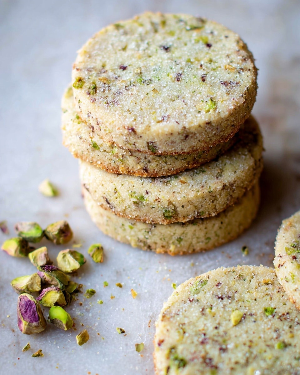 The image shows a close-up of a stack of four round pistachio shortbread cookies with a rough, crumbly texture and small green and brown pistachio bits visible throughout. One cookie leans on the stack, showing a sugar-coated top with a slightly darker tone. The cookies rest on a white marbled surface sprinkled lightly with sugar and scattered pistachio shells nearby. The lighting highlights the grainy texture and the soft golden color of the cookies. photo taken with an iphone --ar 4:5 --v 7