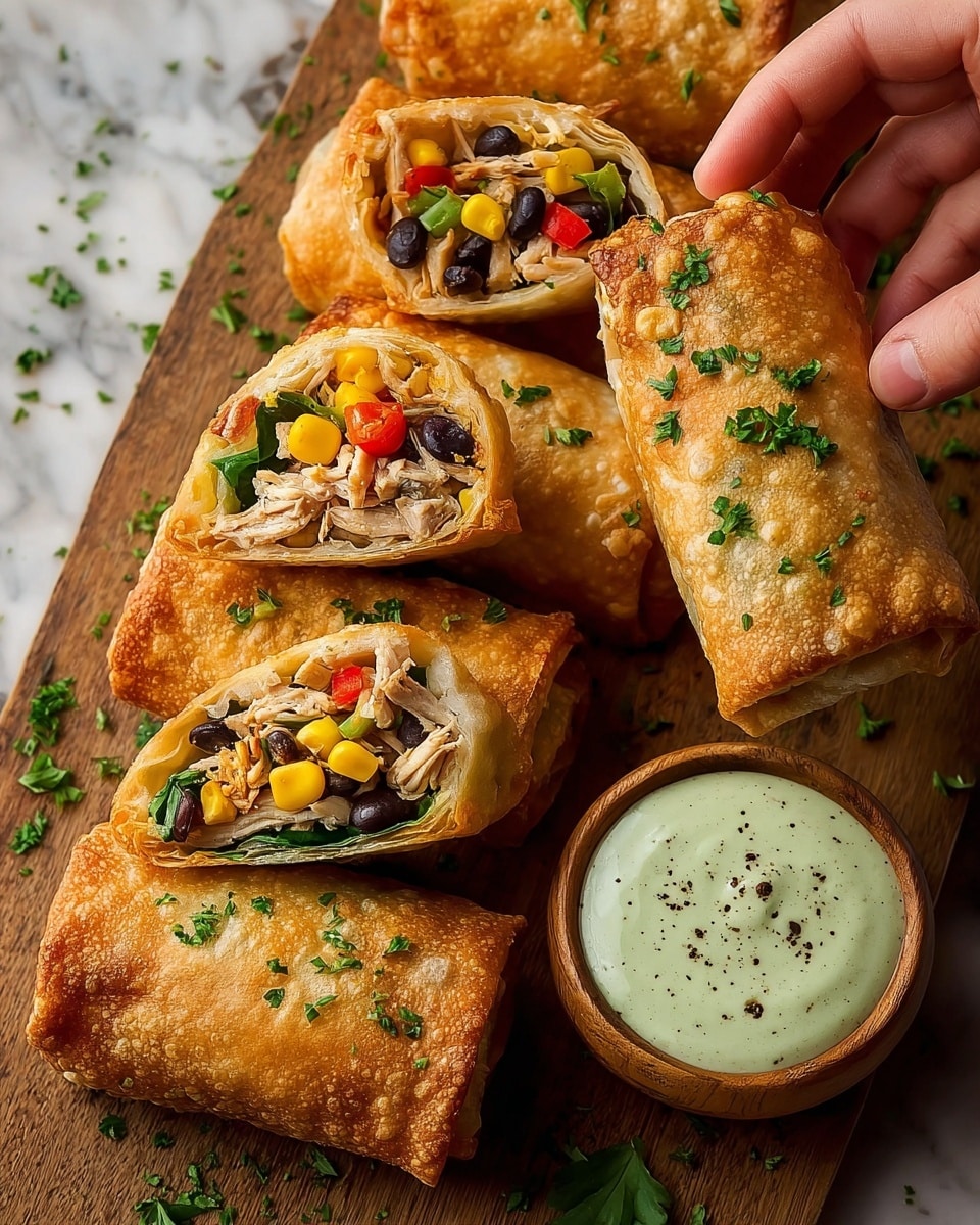 The image shows several crispy golden-brown egg rolls with a slightly bubbly texture and small green herb pieces sprinkled on top. One egg roll is held by a woman's hand, revealing the colorful filling inside: layers of shredded light brown chicken, bright yellow corn kernels, black beans, green leafy vegetables, and small red bell pepper pieces. The egg rolls are placed on a dark wooden board next to a small round wooden bowl filled with creamy light green dip with small black specks. The surface below the board is a white marbled texture. photo taken with an iphone --ar 4:5 --v 7