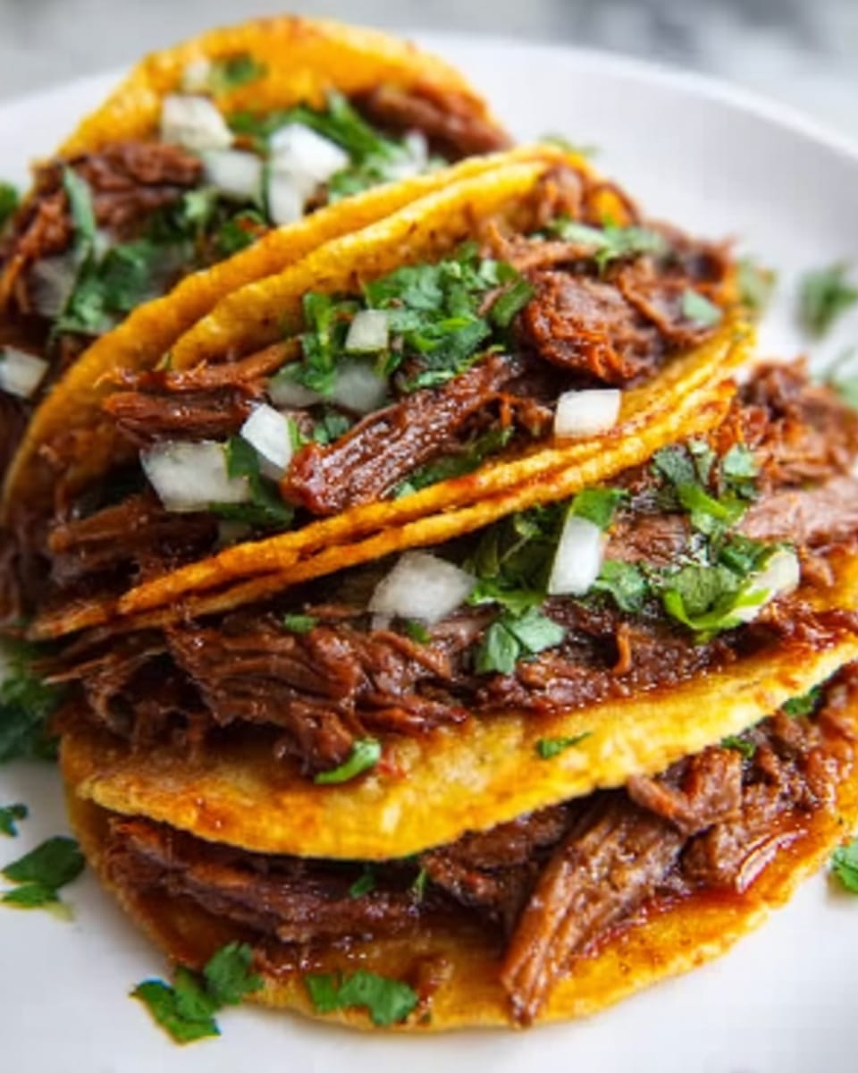 The image shows a close-up of three soft tacos stacked on top of each other on a white plate. Each taco has a slightly crispy, golden-yellow corn tortilla, folded in half. Inside, there is a generous layer of moist, shredded brown meat, topped with small white onion pieces and fresh green cilantro leaves scattered over. The tacos have a juicy, rich look, with the meat peeking out from the sides of the tortillas. The background features a white marbled texture. photo taken with an iphone --ar 4:5 --v 7