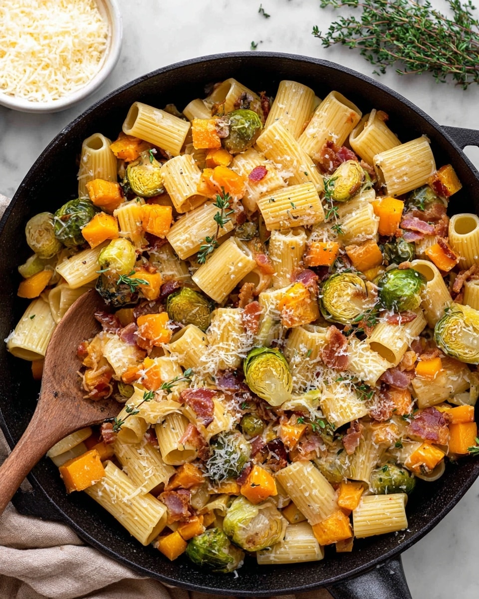 A large black pan filled with a colorful mix of rigatoni pasta, bright orange cubed butternut squash, halved Brussels sprouts with golden-brown roasted edges, and small pieces of cooked bacon. The pasta is pale yellow with a smooth texture, sitting evenly throughout the dish. Scattered fresh green thyme leaves add a touch of freshness, while small bits of chopped onion and grated white cheese are spread on top, enhancing the texture and color contrast. A wooden spoon is resting inside the pan, and in the background, there is a white bowl filled with grated cheese on a white marbled surface. photo taken with an iphone --ar 4:5 --v 7