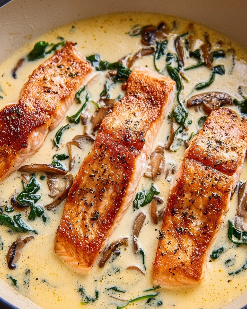 Four pieces of cooked salmon with a light brown crispy top layer are laid flat in a creamy, pale yellow sauce with small black pepper specks. The sauce has a smooth, slightly frothy texture and is mixed with dark green leafy herbs and thin slices of brown mushrooms, all sitting in a white bowl. The overall look is warm and rich with a mix of soft and slightly crispy textures. Photo taken with an iphone --ar 4:5 --v 7