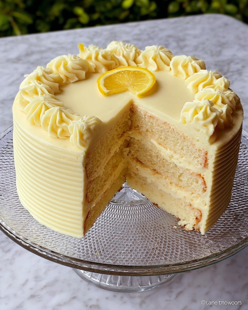 A tall, round lemon cake with three thick, soft layers of light yellow sponge. Each layer is separated by a creamy, smooth lemon frosting. The outside of the cake is completely covered with the same pale yellow frosting, which is textured with gentle horizontal lines around the sides. On top, there is a wide swirl of frosting ending with a small wedge of lemon placed in the center, surrounded by evenly spaced dollops of the same light frosting along the edge. The cake sits on a clear glass plate, set on a white marbled surface with green plants out of focus in the background. photo taken with an iphone --ar 4:5 --v 7