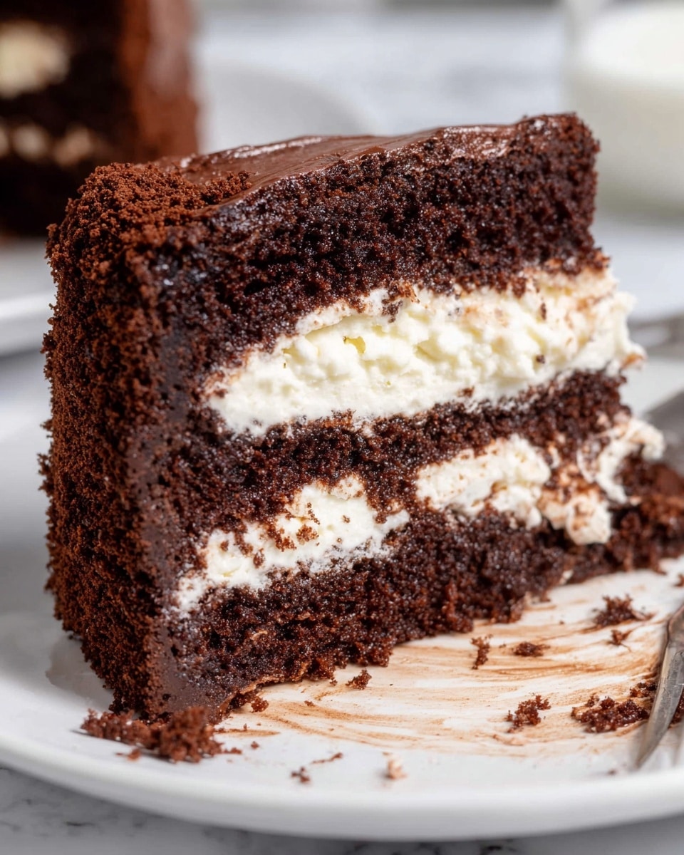 The image shows a close-up of a slice of chocolate cake on a white plate, with three visible layers. The bottom and top layers are dense, moist chocolate cake with a rich, dark brown color and a slightly crumbly texture. Sandwiched between these is a thick, smooth white cream layer, which looks fluffy and soft. The cream is evenly spread and contrasts with the darker chocolate layers. There are some cake crumbs and smudges on the plate near the bottom right. The background has a white marbled texture. photo taken with an iphone --ar 4:5 --v 7