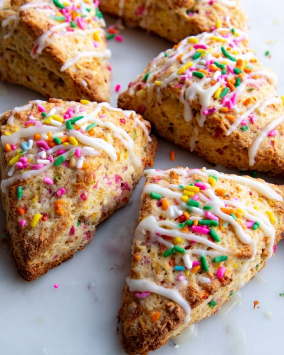 The image shows six golden-brown scones arranged on a white marbled surface. Each scone has a rough, crumbly texture with a light glaze drizzled on top, creating a shiny finish. Colorful rainbow sprinkles are scattered on the glaze, adding bright spots of red, green, yellow, and pink. One scone is cut in half, showing a soft, fluffy inside with small bits of red fruit. The photo focuses closely on the scones, capturing their rich texture and colors. photo taken with an iphone --ar 4:5 --v 7