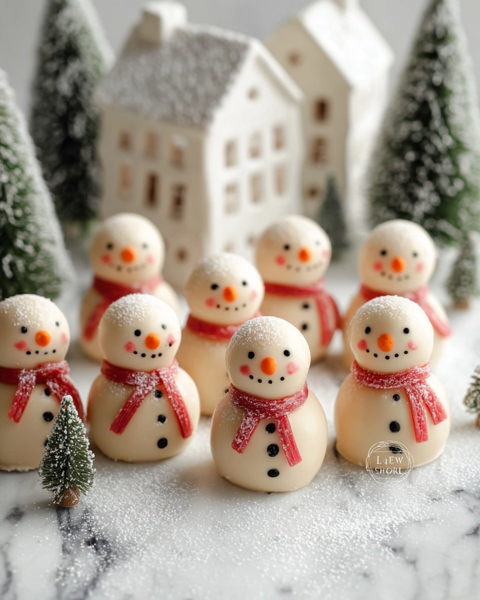 The image shows a group of small snowman-shaped treats, each made of two round, white layers stacked to form the body and head, with a smooth, creamy texture. Each snowman has two small black dots for eyes, a small orange cone-shaped nose, a smiling black mouth, and three black buttons down the front of the body. Around the neck, there is a thin, bright red candy strip acting as a scarf, wrapped and waving slightly on each figure. The snowmen are placed on a white marbled surface dusted with white powder resembling snow. In the background, there are white decorative houses and green pine tree shapes that add a festive, wintery setting. photo taken with an iphone --ar 4:5 --v 7