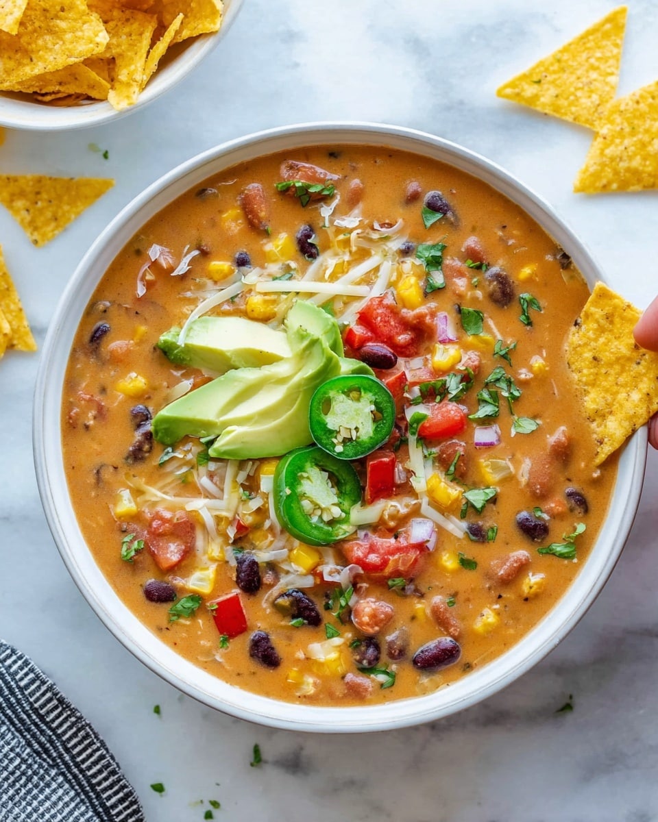 A white bowl filled with a thick, creamy soup that has a base of reddish-orange color with visible black beans, corn, and small green herbs mixed in. On top, there are three slices of green avocado positioned in the center, surrounded by thin strips of white cheese, bright green jalapeño slices, small red diced peppers, and scattered pieces of crushed yellow tortilla chips. A whole yellow tortilla chip stands upright on the right edge of the bowl. The bowl sits on a white marbled surface with a stack of yellow tortilla chips in a white bowl visible to the right, and a blue and white checkered cloth partially under the bowl. photo taken with an iphone --ar 4:5 --v 7