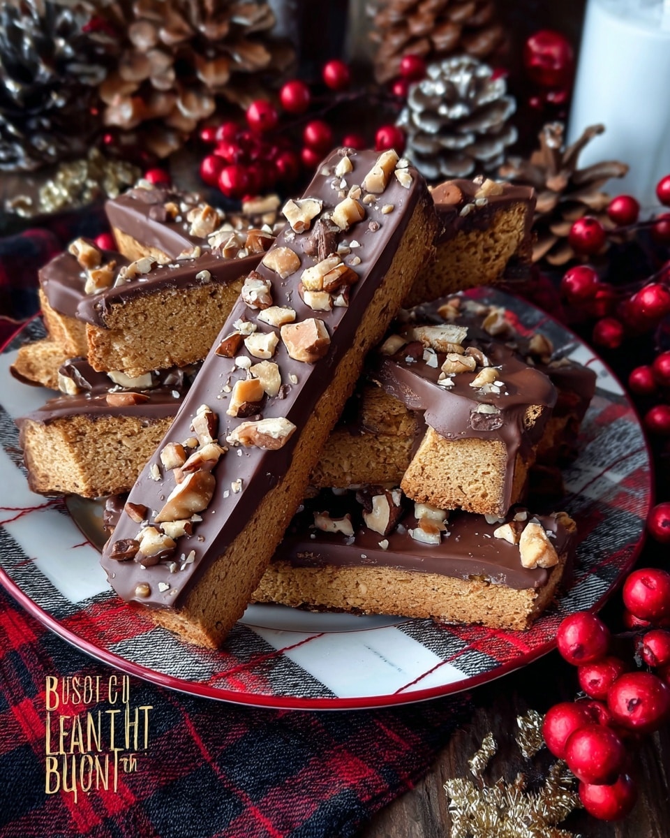 The image shows several peanut butter biscotti stacked on a white plate with a red and black checkered pattern. Each biscotti has two layers: a golden brown biscuit base and a thick chocolate coating on top sprinkled with small chopped nuts. The biscotti pieces are arranged randomly but neatly, with some leaning over others, creating depth. Around the plate are bright red berries and pine cones on a white marbled surface, adding a festive touch. The colors are warm and rich, with the glossy chocolate and nut topping standing out against the biscuit’s dry texture. photo taken with an iphone --ar 4:5 --v 7