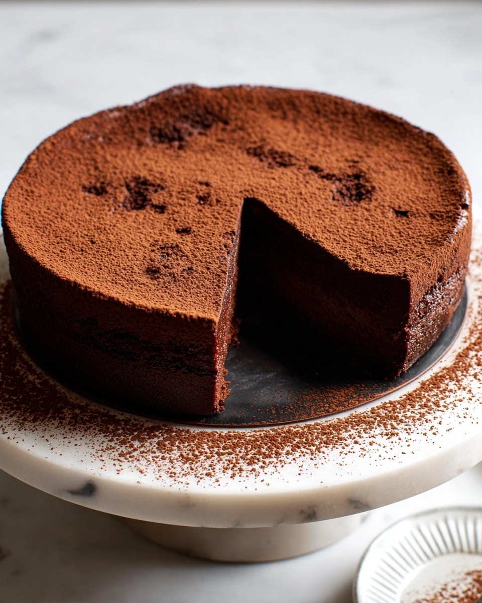 A rich, deep brown chocolate cake dusted evenly with fine cocoa powder sits on a round white marble stand. The cake has one clean slice cut and slightly pulled out, revealing a dense and moist chocolate interior with a smooth texture. The sides are thick and fudgy, matching the dark chocolate top. The cocoa powder surrounding the cake on the marble stand adds a rustic touch, and the background is softly blurred with a white marbled texture, drawing attention to the cake. Photo taken with an iphone --ar 4:5 --v 7