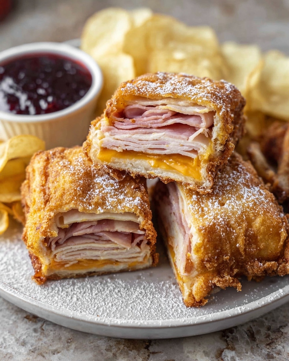A white round plate on a white marbled surface holds three golden-brown, deep-fried sandwich pieces with a crispy texture. Two pieces are cut open, showing layers inside: thin slices of pink ham, folded light beige turkey or chicken, and melted yellow cheese, all stacked neatly in about five layers. Surrounding the fried sandwiches are pale yellow potato chips. On the side, there is a small white bowl filled with dark red chunky jam or sauce. Light powdered sugar is sprinkled lightly over the plate and food. Photo taken with an iphone --ar 4:5 --v 7