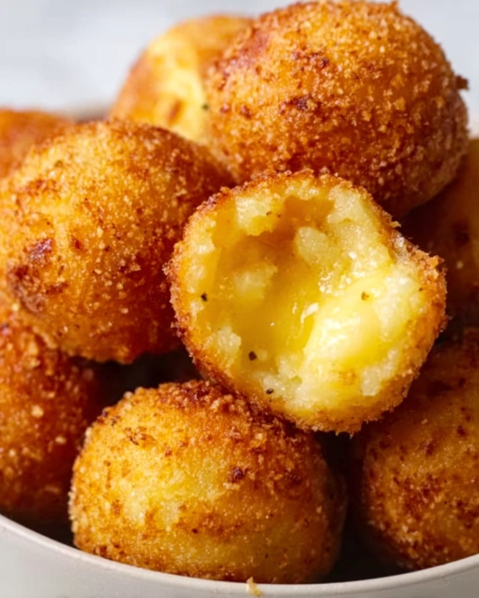 A close-up image of several small, round, golden-brown fried balls stacked together in a white bowl, each ball showing a crispy, crumbly outer texture with a soft, creamy inside visible in one piece that is bitten. The colors range from light golden to deeper brown spots, indicating a crunchy crust. The background is a white marbled surface, softly out of focus, making the fried balls stand out sharply. photo taken with an iphone --ar 4:5 --v 7