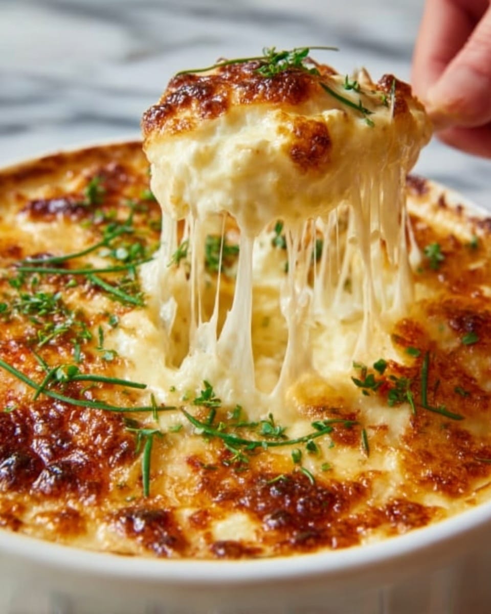 The image shows a close-up of a cheesy baked dish in a white bowl on a white marbled surface. The top layer is golden brown with some toasted spots and melted cheese strings stretching from a scoop being lifted out by a woman’s hand. Fresh green herb sprigs, likely rosemary or chives, are scattered on top, adding a pop of color against the rich melted cheese. The texture of the top layer looks creamy and gooey underneath the browned, slightly crispy cheese crust. Photo taken with an iphone --ar 4:5 --v 7