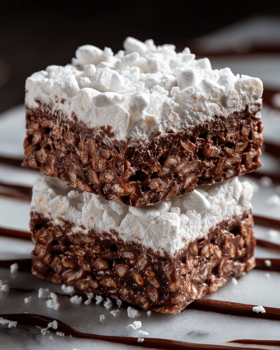 Two small square treats are stacked on a white marbled surface, each showing one clear layer of light brown crispy rice covered with a thick, uneven top layer of white powdered coating. The brown crispy layer has a textured, bumpy look, while the white layer looks soft and powdery. Around the treats, there are small white sprinkles scattered, and blurred drizzles of chocolate decorate the background. photo taken with an iphone --ar 4:5 --v 7