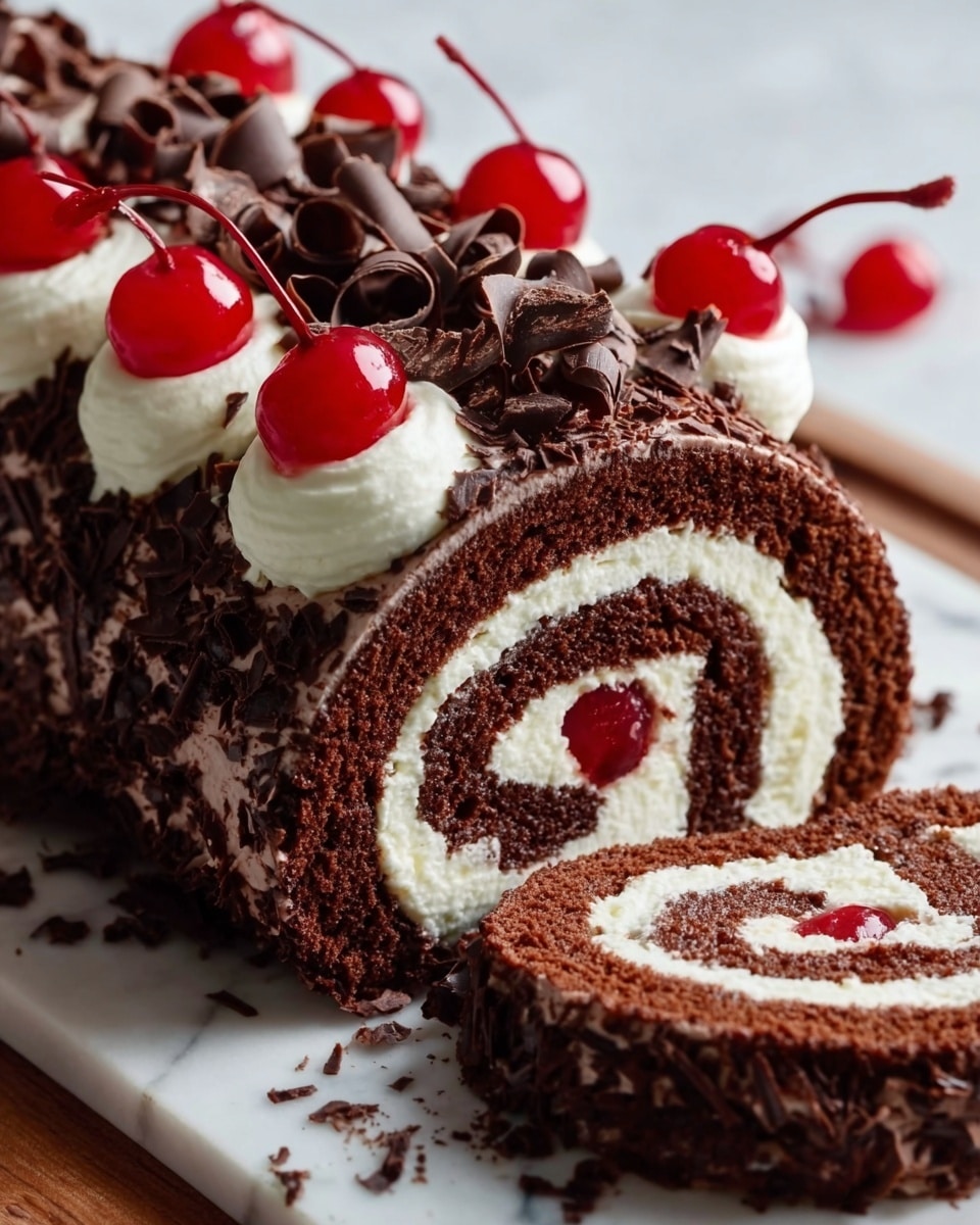A close-up image of a chocolate Swiss roll cake sliced to show its spiral layers, featuring a dark brown, moist chocolate sponge cake wrapped around a thick, creamy white filling. The roll is topped with small swirls of white cream evenly spaced, each adorned with a bright red cherry on top. Dark chocolate curls are scattered between the cream swirls, adding texture and decoration. The cake sits on a white marbled surface, highlighting its rich colors and textures. Photo taken with an iphone --ar 4:5 --v 7