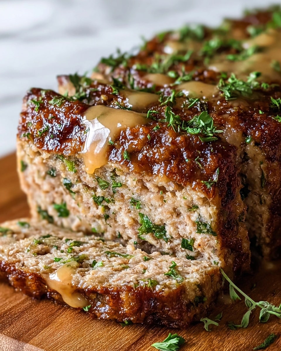 The image shows a close-up of a thick, textured meatloaf with visible layers of cooked ground meat mixed with chopped herbs, giving it green flecks throughout. The meatloaf has a browned, crispy crust on the top and sides, with a drizzle of glossy, light brown sauce over the top. Fresh chopped green herbs are sprinkled on top and around the meatloaf, enhancing its fresh look. The meatloaf rests on a wooden surface that contrasts with the white marbled background. The focus is sharp on the cut section of the meatloaf, which reveals its moist and juicy inside layers. Photo taken with an iphone --ar 4:5 --v 7