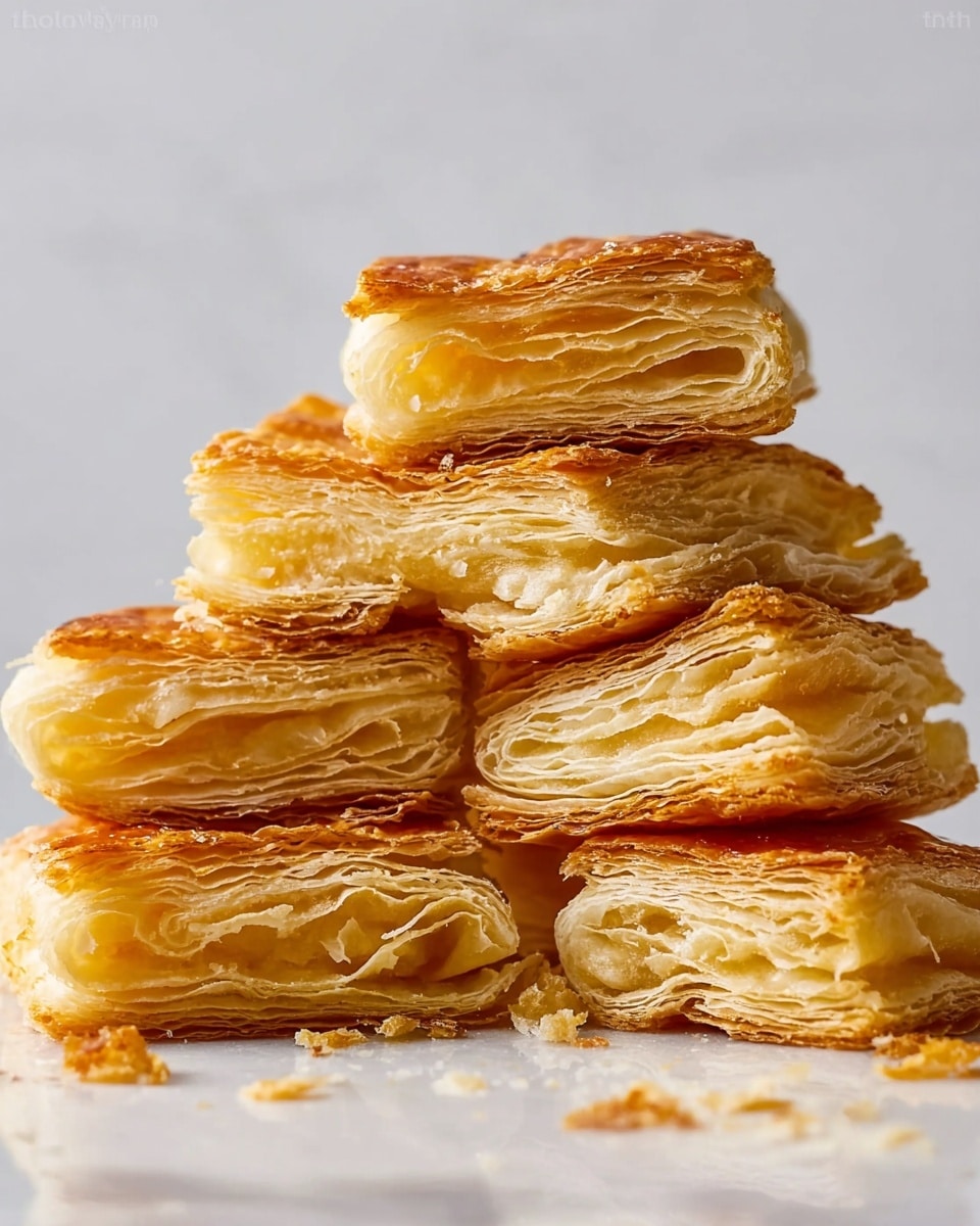 The image shows a close-up stack of golden brown puff pastry pieces arranged in a pyramid shape. Each piece has multiple thin, flaky layers visible with a light, crispy texture. The layers are buttery yellow with some parts showing a slightly darker golden hue. Crumbs and small flakes of pastry are scattered around the base on a white marbled surface. The background is plain light grey, making the pastries stand out clearly. photo taken with an iphone --ar 4:5 --v 7