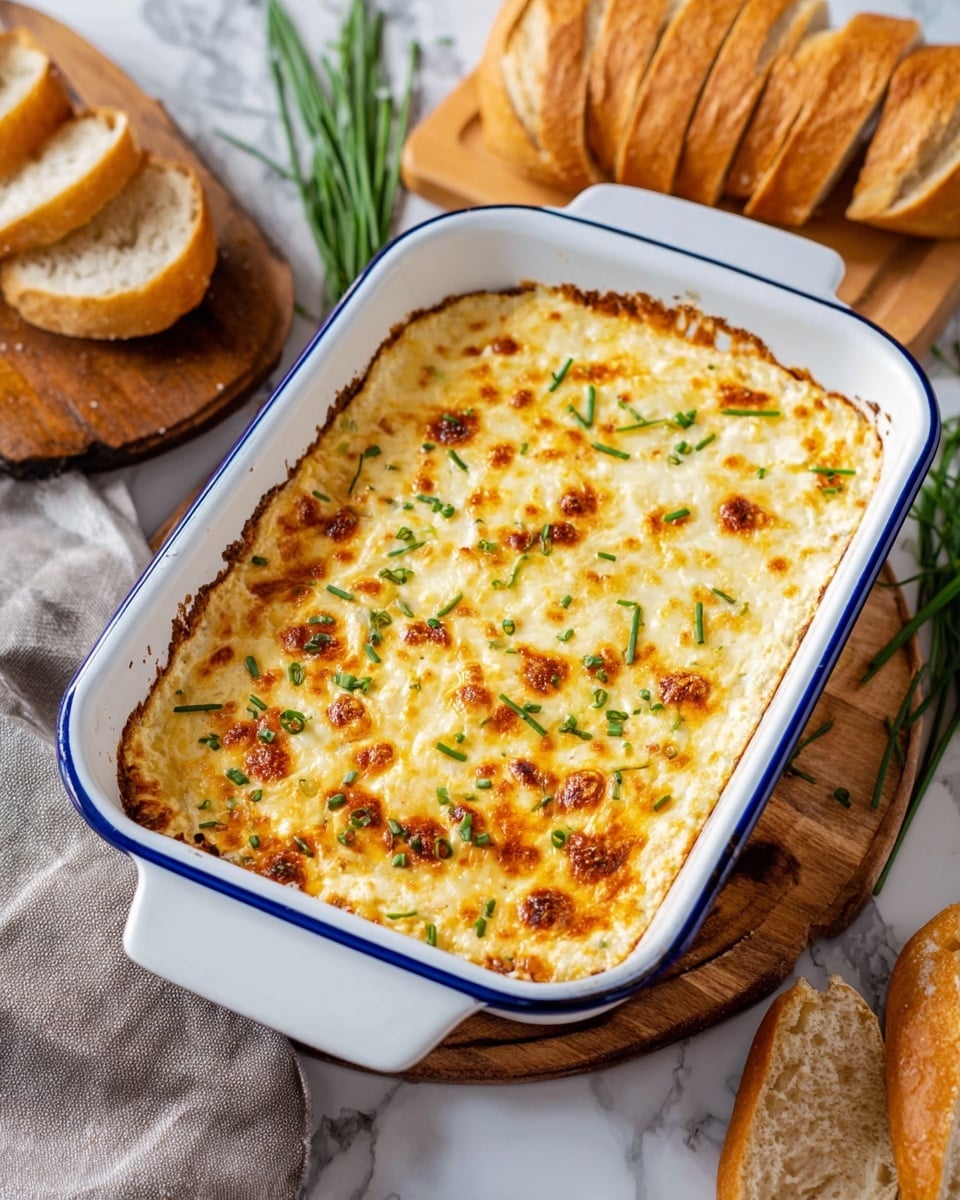 A white rectangular baking dish with a blue rim holds a baked cheese dip topped with a golden brown, bubbling melted cheese layer that has small darker brown spots from baking; scattered green herb pieces, likely chives, add contrast on top. The dip has an uneven, slightly crisp top surface with visible herbs mixed into the layer just under the cheese. The baking dish rests on a white marbled texture, accompanied by a sliced baguette stacked on a wooden board and a whole baguette partially covered by a grey cloth on the left side. photo taken with an iphone --ar 4:5 --v 7