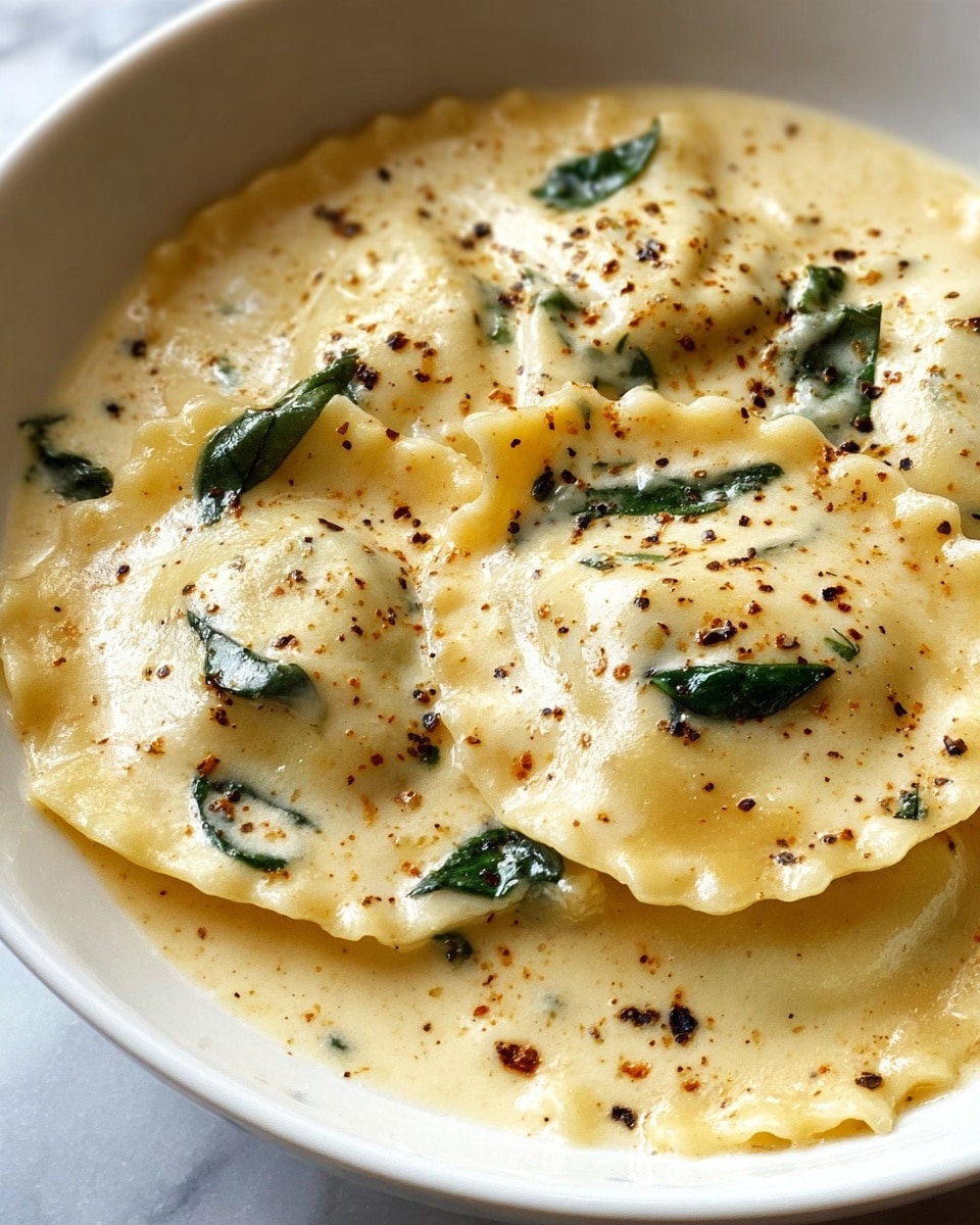 A close-up of a white bowl filled with ravioli pasta covered in creamy, light beige sauce; the ravioli layers are soft and slightly translucent with some edges lifted, showing their smooth texture. The sauce has scattered black pepper flakes and small green spinach leaves on top, adding contrast and freshness. The surface of the sauce is slightly bubbly and glossy, giving a rich, creamy look. The bowl rests on a white marbled background. photo taken with an iphone --ar 4:5 --v 7