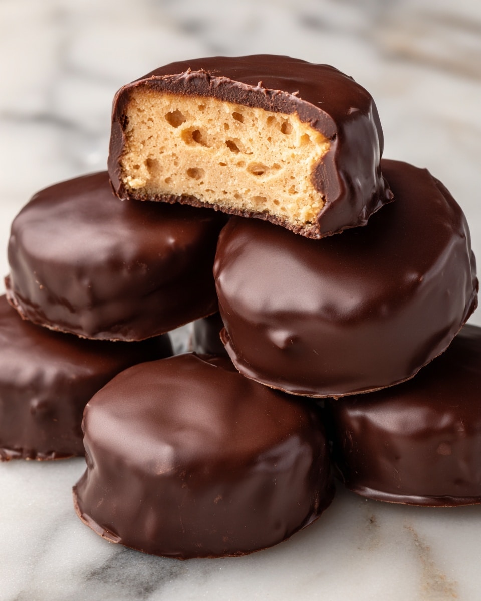 The image shows several round chocolate-covered treats stacked together, each having a smooth and shiny dark brown chocolate shell. One treat is cut in half, revealing a light tan, soft, and fluffy nougat-like inside with a porous texture. The chocolates sit on a white marbled surface, highlighting their glossy exterior and creamy filling. photo taken with an iphone --ar 4:5 --v 7