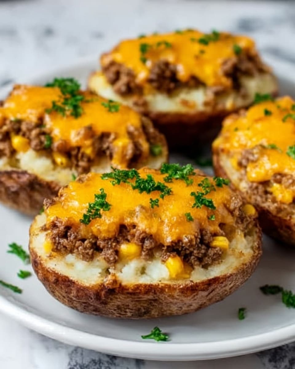 The image shows three stuffed potato skins placed on a white plate, which sits on a white marbled surface. Each potato skin has three visible layers: the bottom layer is the brown and textured potato skin, the middle layer is smooth and creamy mashed potatoes, and the top layer is a mix of browned ground beef, yellow corn kernels, and melted orange cheddar cheese. Small pieces of fresh green parsley are sprinkled on top of the cheese for garnish. One stuffed potato skin is held gently by a woman's hand from the right side of the frame. Photo taken with an iphone --ar 4:5 --v 7