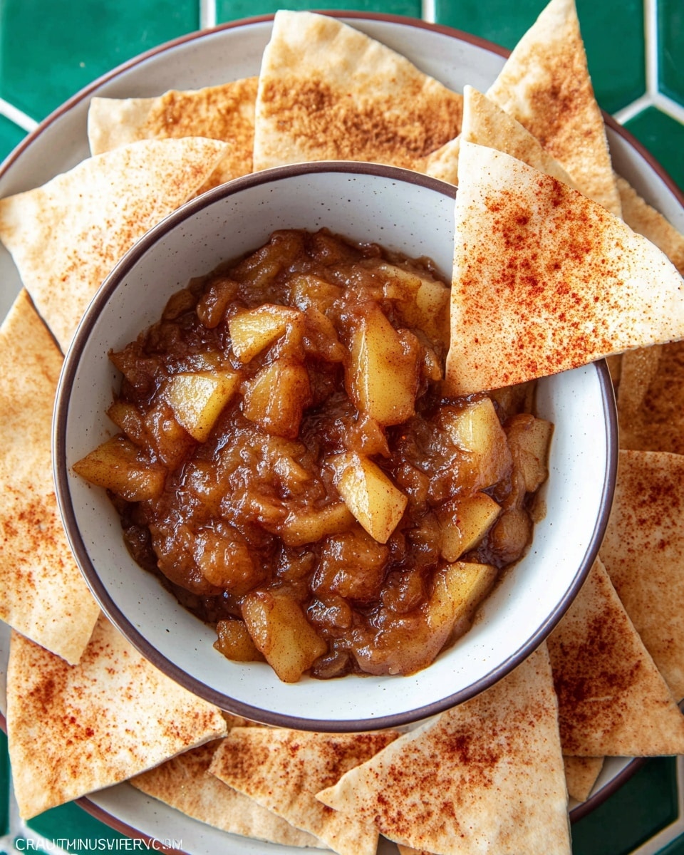 A white bowl with a thin dark rim is filled with a chunky, glossy mixture of caramelized apples and onions that are golden-brown and slightly translucent, showing pieces of diced fruit and vegetables mixed together. Three large triangle-shaped pita chips, dusted with a reddish seasoning, lean inside the bowl on the right side. Surrounding the bowl are more pita chips, slightly overlapping, all laid on a green hexagonal tile surface. The image has a warm, cozy feel with natural lighting. photo taken with an iphone --ar 4:5 --v 7
