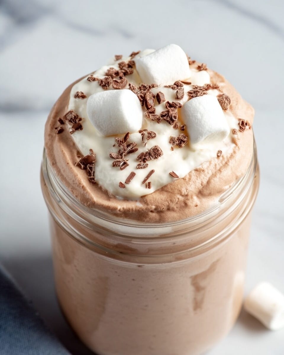The image shows a clear glass jar filled with a smooth, creamy light brown mousse that reaches the top. On the surface, there are three small white marshmallows grouped together near the center. Scattered around the marshmallows are small pieces of dark chocolate shavings, adding texture and contrast to the soft mousse. The jar is placed on a white marbled surface, with a soft blue and white striped cloth in the background. The mousse looks thick and airy, with gentle swirls visible on top. photo taken with an iphone --ar 4:5 --v 7