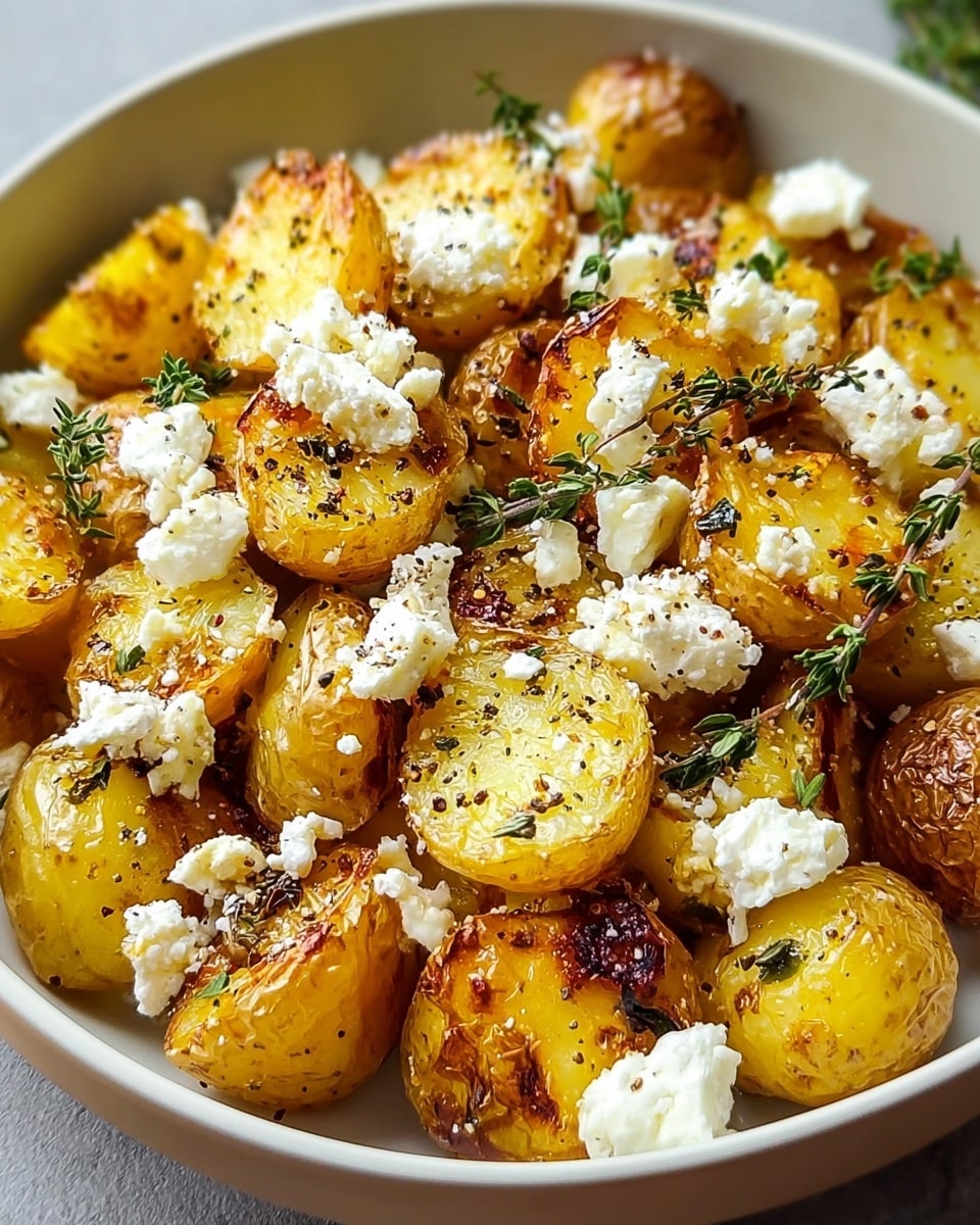 A bowl filled with one layer of roasted baby potatoes, cut in half showing a golden yellow, soft inside with a crispy brown skin. On top, there is a layer of small white cheese chunks and crumbles scattered over the potatoes. Fresh green herb sprigs are also spread on top, adding texture and color. The bowl is white and sits on a white marbled surface, highlighting the warm, earthy tones of the potatoes and the white cheese. photo taken with an iphone --ar 4:5 --v 7