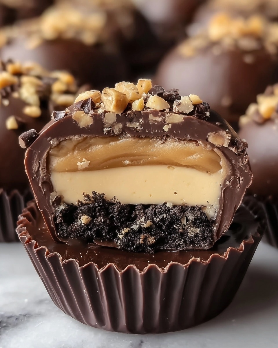 The image shows a close-up of a chocolate truffle cut in half, revealing three distinct layers. The outermost layer is a smooth, dark brown chocolate shell with a shiny texture, sprinkled with small bits of chopped nuts and caramel pieces on top. Inside the shell is a thick, creamy light brown caramel layer with a silky texture, sitting above a dense, dark almost black chocolate fudge base that looks moist and rich, also sprinkled with some nut pieces. The truffle is in a black paper cup, and the background consists of more similar truffles blurred with a white marbled texture beneath. Photo taken with an iphone --ar 4:5 --v 7