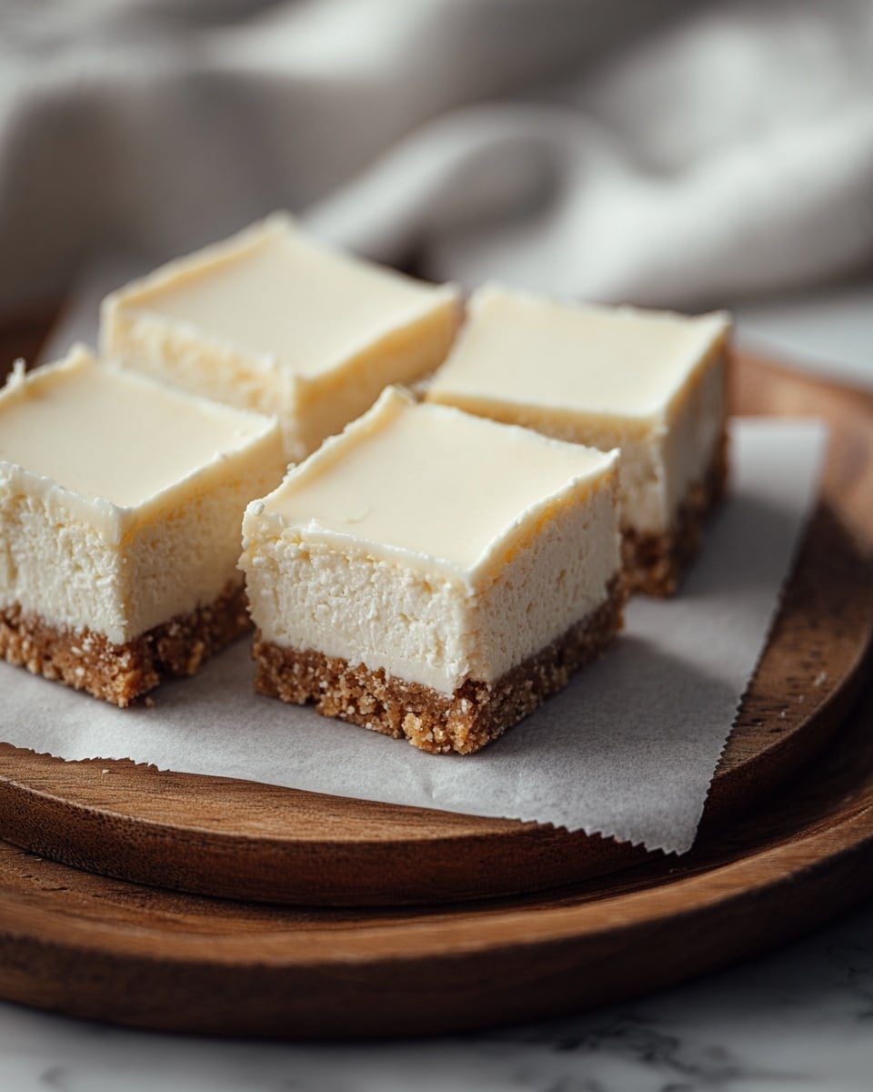 The image shows four square cheesecake bars arranged closely on a round wooden tray lined with parchment paper. Each bar has three visible layers: a thick, crumbly light brown crust at the bottom; a thick, smooth, creamy off-white middle cheesecake layer; and a thin, glossy white icing layer on top. The texture of the crust is slightly grainy, and the cheesecake layer looks dense and soft, while the icing is smooth and evenly spread. The background is a white marbled texture. Photo taken with an iphone --ar 4:5 --v 7
