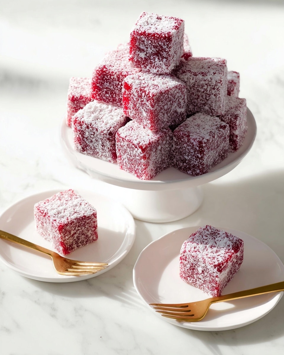 A stack of pink square lamington cakes covered in shredded white coconut is placed on a white cake stand in the center. Each lamington is a single layer of bright pink sponge cake with a moist texture, fully coated with the white coconut flakes. Two individual lamingtons sit on white round plates in the foreground, each accompanied by a gold fork angled beside the cake. The surface beneath everything is a white marbled texture, creating a clean and soft background. Photo taken with an iphone --ar 4:5 --v 7