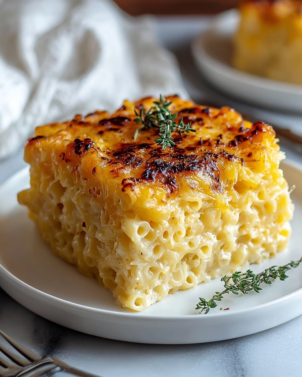 A square piece of baked macaroni and cheese sits on a white plate, showing three visible layers of soft, creamy pasta beneath a golden-brown, crispy top layer with darker toasted spots. The macaroni noodles are tightly packed and have a pale yellow cheese sauce that looks smooth and gooey. On top of the crispy crust, there is a small green sprig of herb, adding a fresh touch. The plate is placed on a white marbled texture, with part of a beige cloth and a fork visible in the blurred background. Photo taken with an iphone --ar 4:5 --v 7