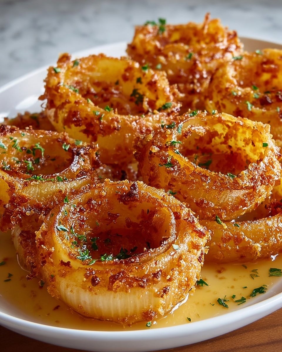 The image shows several onion rings stacked in a white dish, each ring having about two or three layers of translucent golden-yellow onion with a crispy, browned outer crust. The rings are glistening with oil or butter, giving them a shiny texture, and are sprinkled with finely chopped green herbs. The dish is placed on a white marbled surface, enhancing the warm, rich colors of the onion rings. photo taken with an iphone --ar 4:5 --v 7