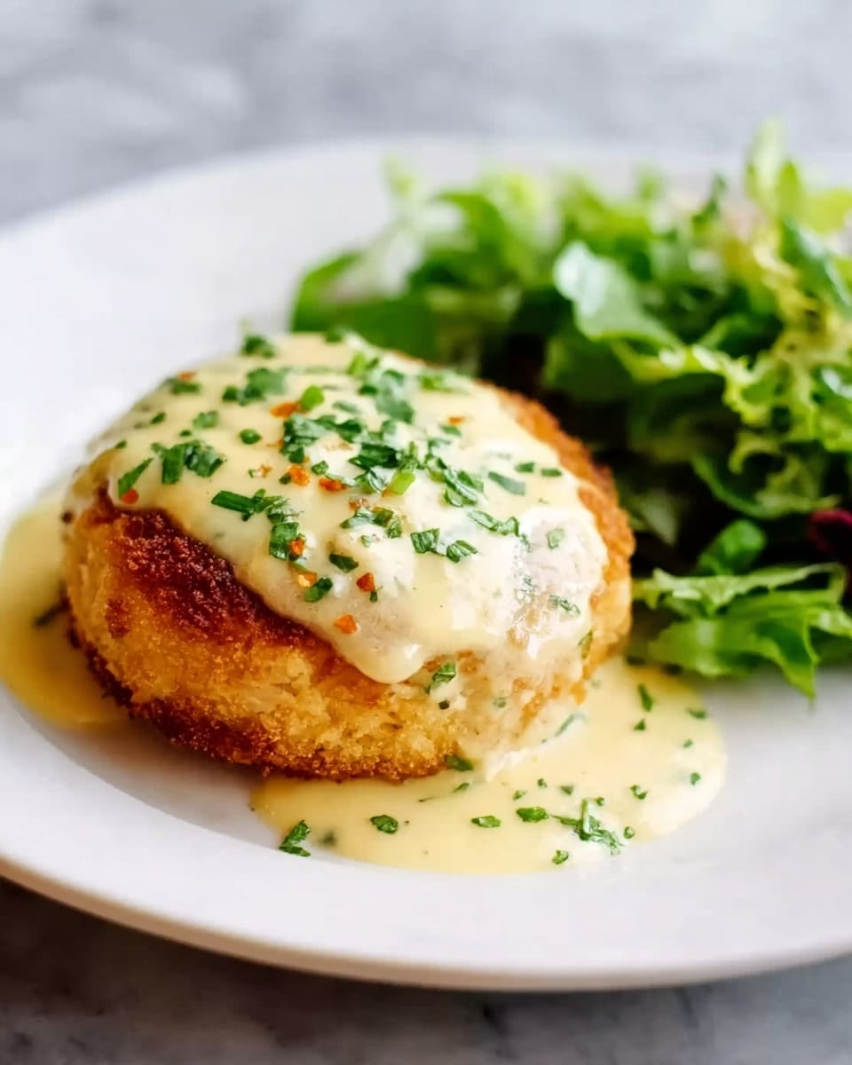 A golden-brown fried cake sits in the center of a white plate, topped with a creamy pale yellow sauce that drapes lightly over the sides. The sauce is speckled with small green herbs and a few tiny red bits, adding color contrast. Behind the cake, on the right side, there is a fresh green salad with mixed leafy greens. The plate rests on a white marbled surface, and a woman's hand holding a fork is reaching in from the left side. photo taken with an iphone --ar 4:5 --v 7