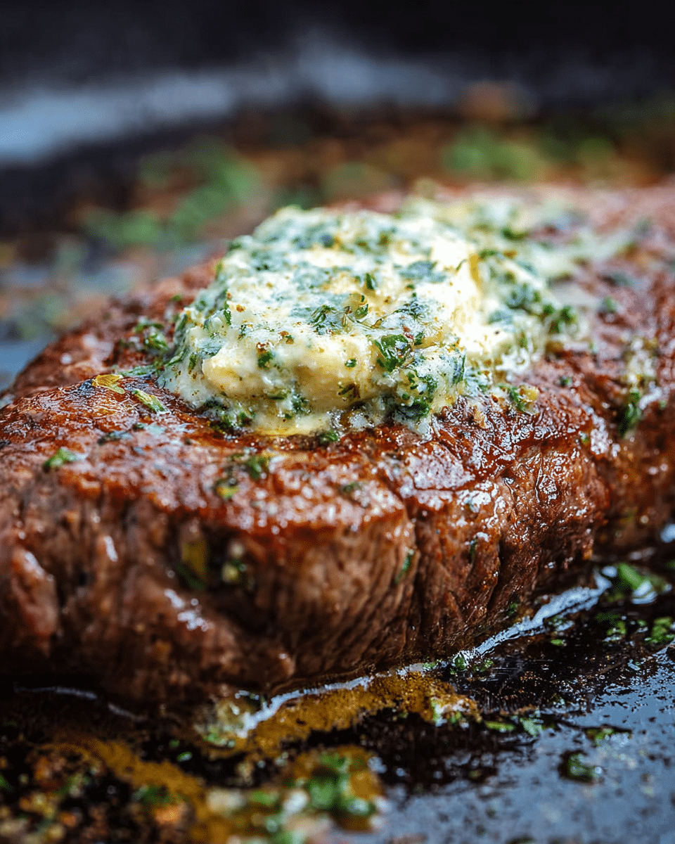 A close-up view of a thick, cooked steak with a rich brown seared surface, topped with a dollop of herbed butter that is creamy white with green herbs and red pepper flakes. The butter slowly melts over the warm steak, creating a glossy texture mixed with oil and small bits of seasoning around the edges. The entire dish is presented in a dark skillet which contrasts against the white marbled texture in the background. photo taken with an iphone --ar 4:5 --v 7