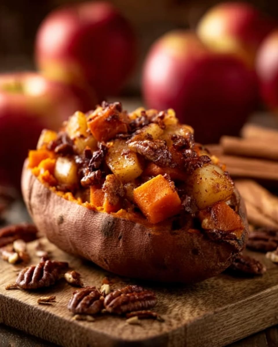 The image shows a baked sweet potato cut open and filled with a chunky topping made of small, orange, soft cooked sweet potato pieces mixed with a glossy, dark brown sauce. The filling looks rich and sticky, placed inside the slightly wrinkled, light brown skin of the sweet potato, which rests on a wooden board. Around the sweet potato, there are whole pecans scattered with some cinnamon sticks and red apples blurred in the background, all set on a white marbled surface. The warm colors and textures create a cozy, homemade feel. photo taken with an iphone --ar 4:5 --v 7