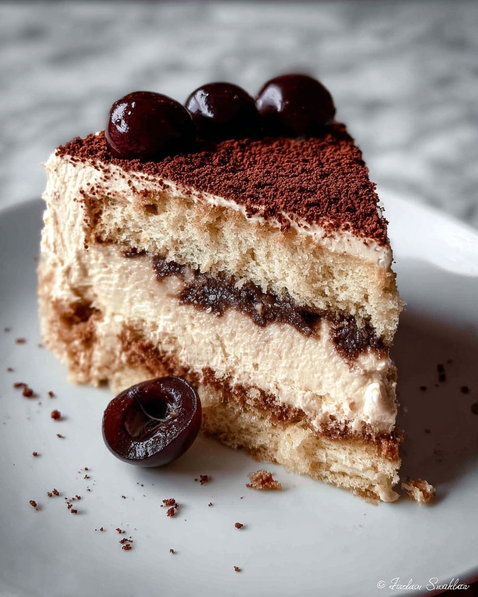 A close-up view of a layered dessert slice on a white plate, featuring three layers of light brown cake alternated with two layers of creamy, off-white filling. The top of the dessert is covered with a thick layer of dark brown cocoa powder and decorated with two dark, glossy cherries placed on the surface. The textures show soft, moist cake layers and light, airy cream, all set against a white marbled background. Photo taken with an iphone --ar 4:5 --v 7