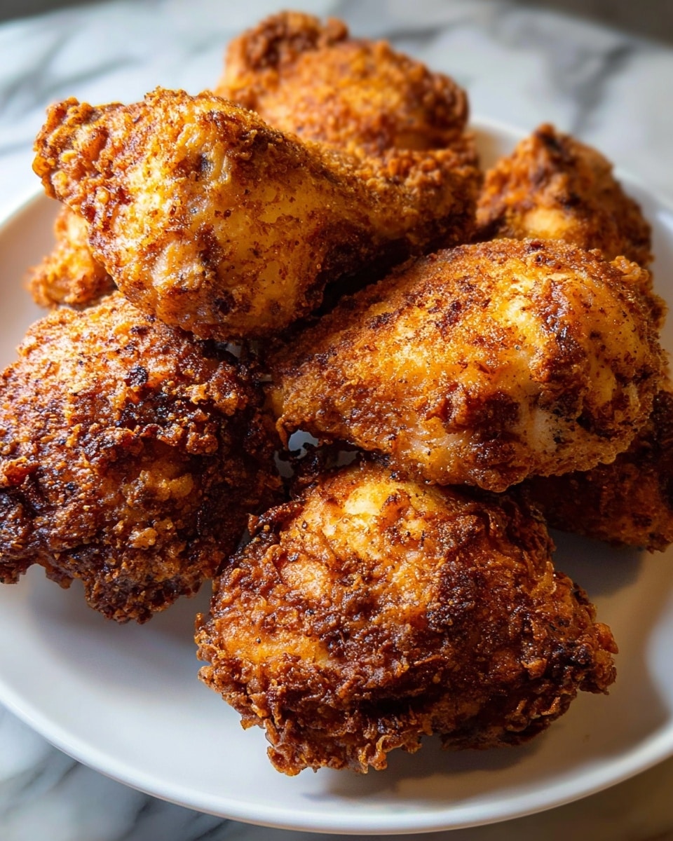 The image shows a white plate filled with four large pieces of fried chicken with a crispy, golden brown crust that looks crunchy and well-seasoned. The chicken pieces have an uneven, rough texture on the outside, with some darker browned spots giving a sense of deep frying. The colors range from light golden to dark amber, with glistening oil highlights. The plate is set against a white marbled texture in the background, emphasizing the warm colors of the chicken. Photo taken with an iphone --ar 4:5 --v 7